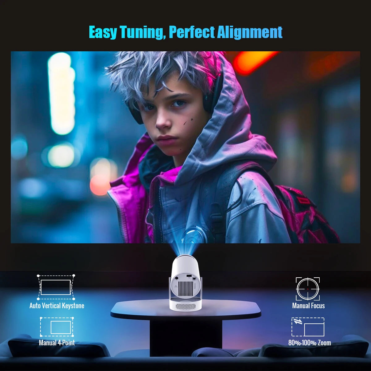HY300 Pro Portable Projector – White, EU Plug