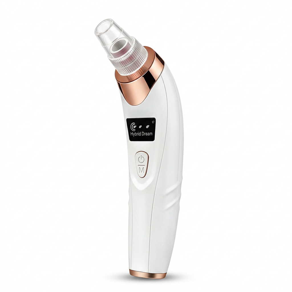 White handheld blackhead remover with rose-gold trim and clear suction tip on a white background
